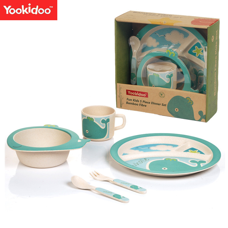 Vajilla infantil genuina Yookidoo, juego de cinco piezas de fibra de bambú para bebés, palillos, cuchara, tenedor, plato, taza, juego de alimentación combinado