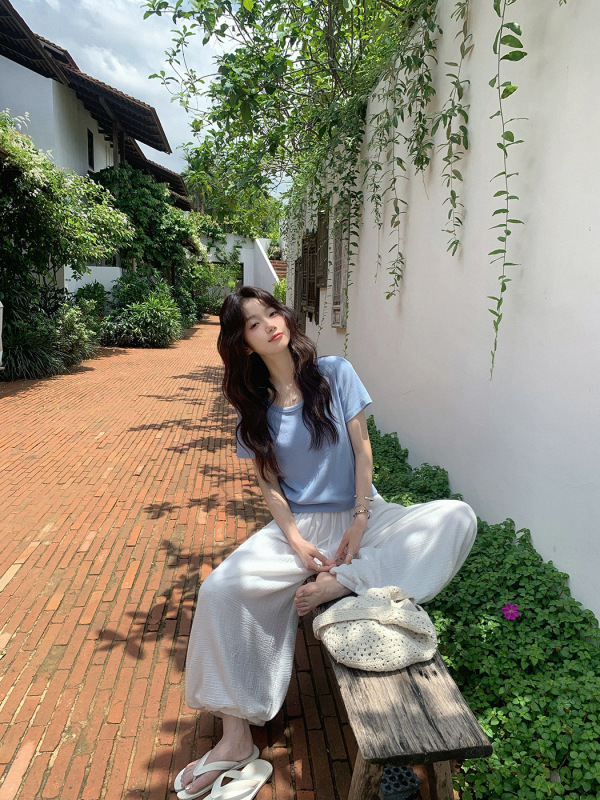 张贝贝 100棉肌理褶皱感松弛空气感豹纹/纯色透气薄阔腿灯笼裤女|undefined