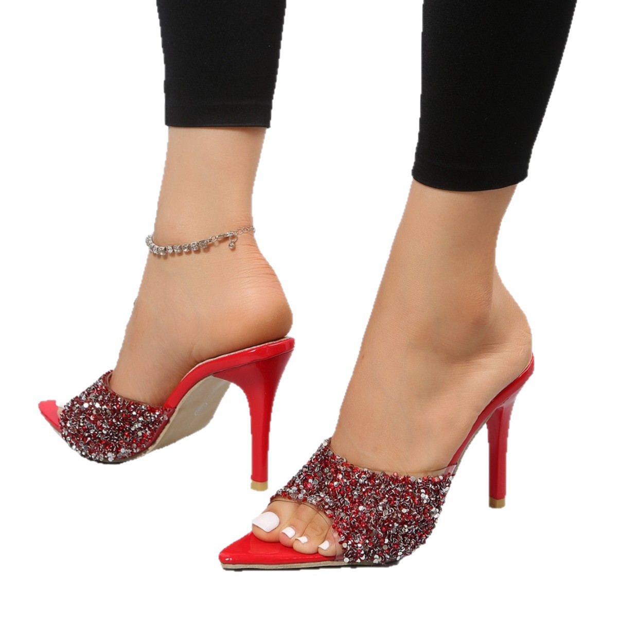 Cross-border Foreign Trade Plus-size High-heeled Sequin Sexy Fashion Slippers For Women, Pointed Toe, Open-toe,_vogvips.com