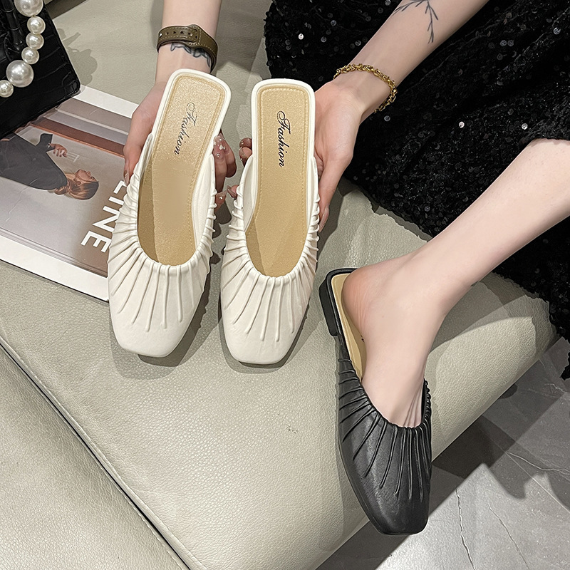 Baotou Half-Slip Mueller Shoes Women's 2023 New Four-Season Outfit Square-Tod Sandals Women's Flat Bottom Soft Bottom Lazy Slip-on Shoes