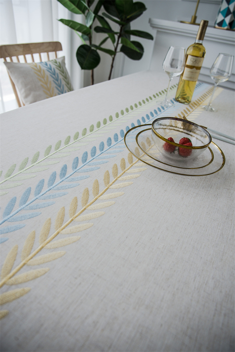 Polyester Linen Waterproof Modern Leaf Flower Runner Embroidered Geometric Tablecl Rectangular Coffee Dining Table_voghion.com
