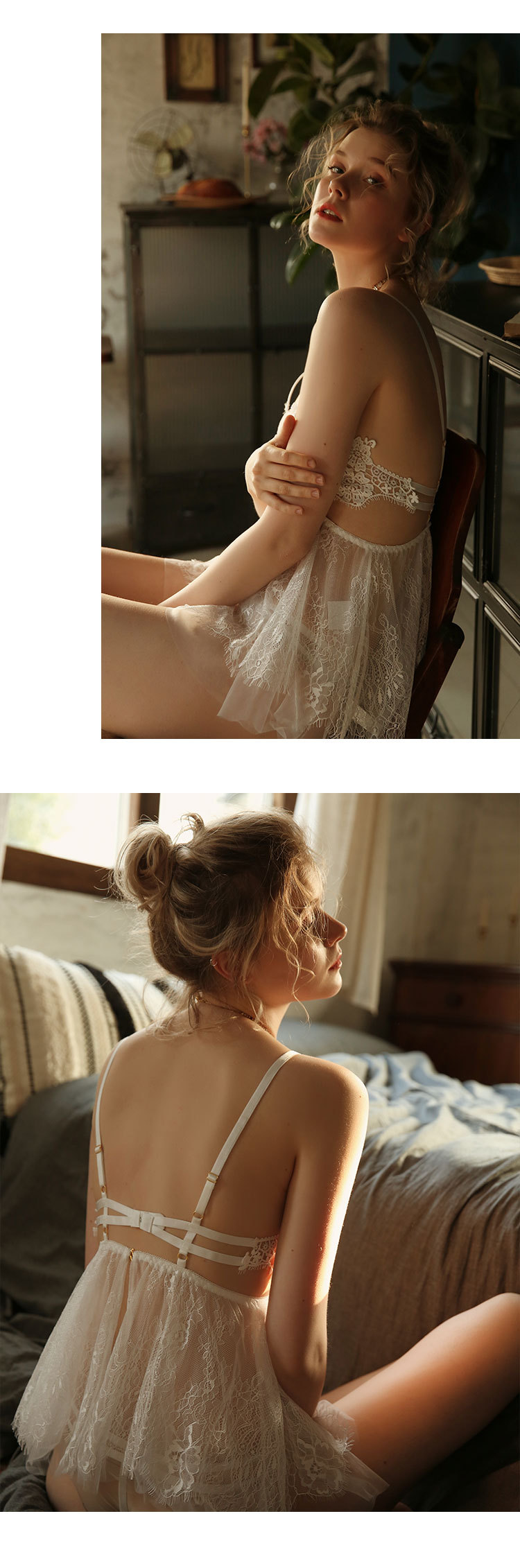 Lace Perspective Babydoll Nightgown with Matching Panty, Red Mesh Sleepwear Set — detail image 6