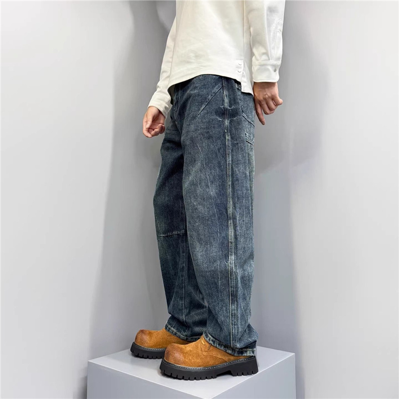 Men's Retro Patchwork Jeans Spring Autumn New American Style Versatile Cool Washed Gradient Straight Leg Curved Fit Denim_mkmklike.com