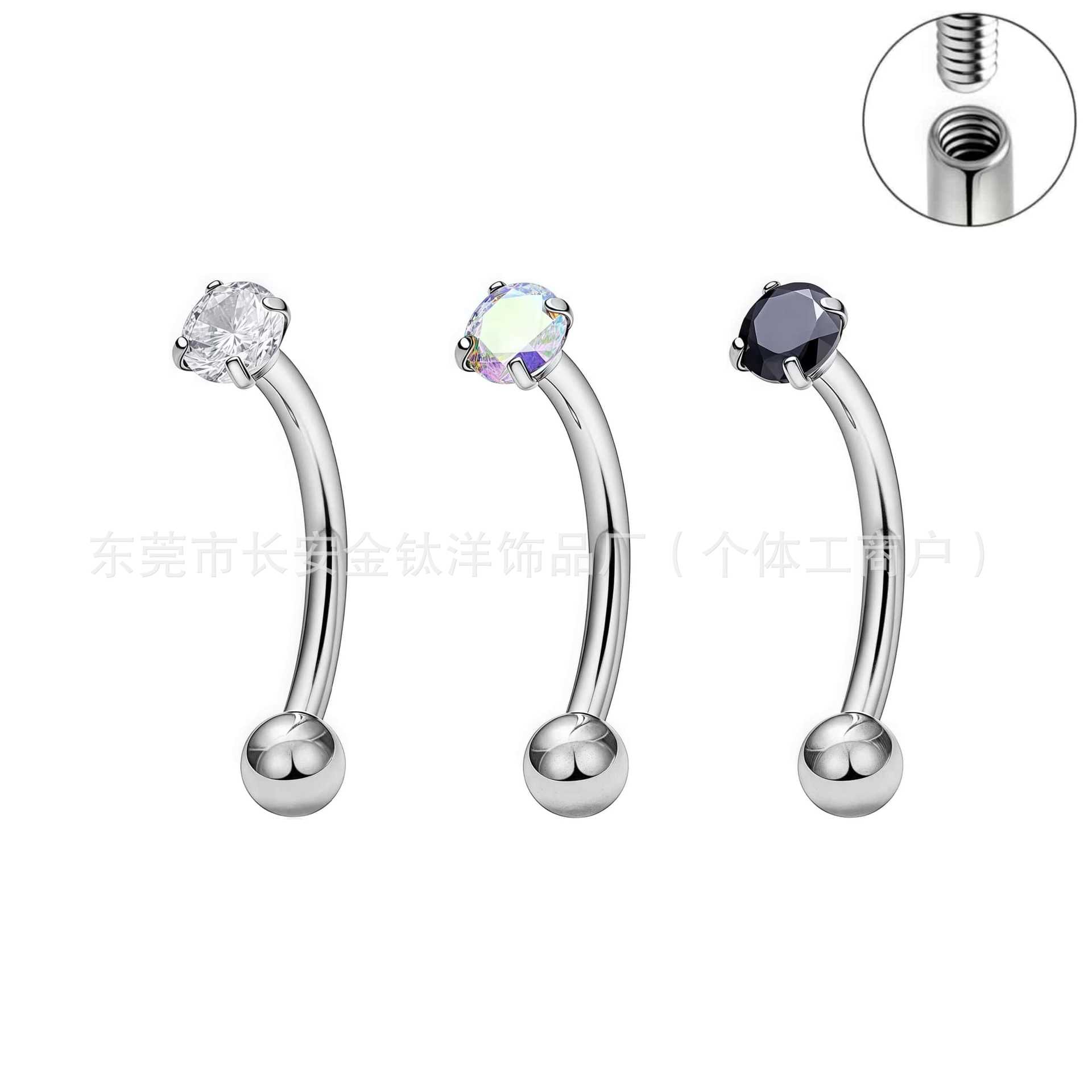 F136 Titanium Internally Threaded Eyebrow Rook Curved Barbell with 5A Zircon detail image 4