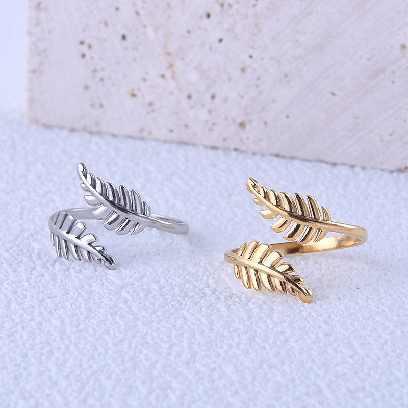 PVD Coated Gold Plating Process Real Gold Plated Plating Material PVD Coated Real Gold Plated Leaf Titanium Steel Simple Style Waterproof Non Tarnish Open Ring