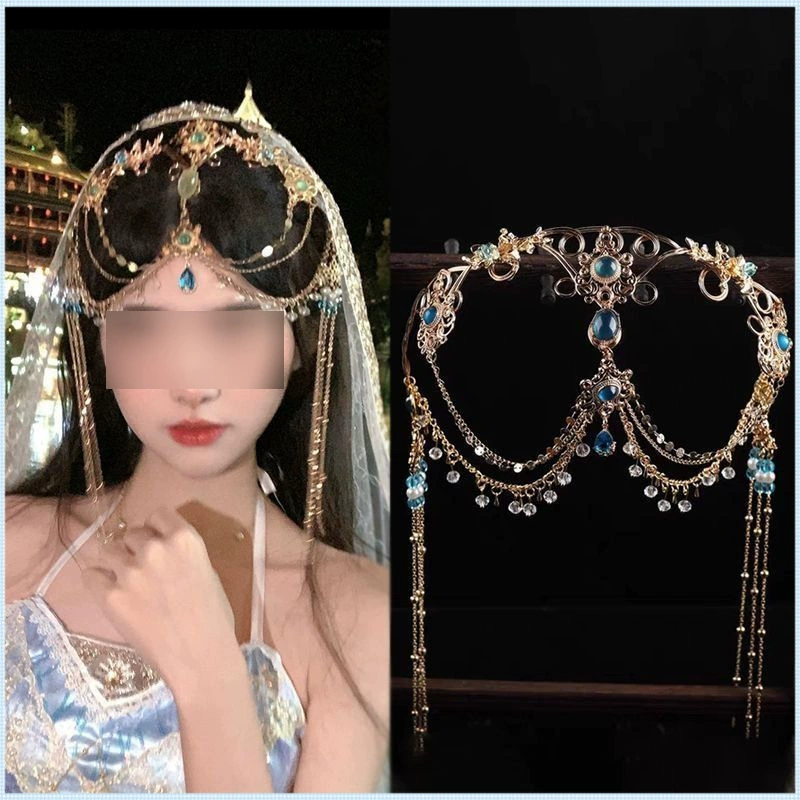 Новый стиль Дуньхуань, экзотический головной убор с кисточками в западном регионе, древний стиль, танцовщица династии Хань, украшения для волос с бровями, украшения для лба, украшения для лба