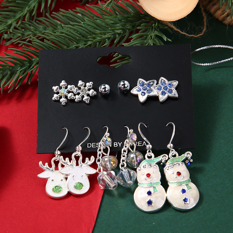 Cute Snowman Snowflake Alloy Enamel Plating Inlay Rhinestones Ear Studs Ear Hook 1 Set display picture 5