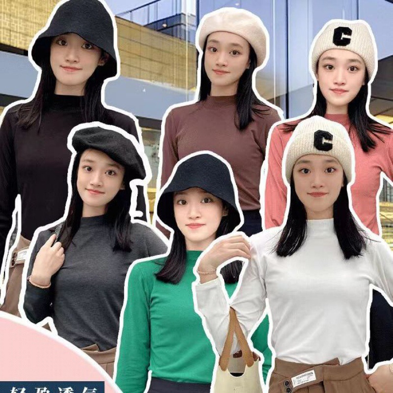 Boss's same style small stand collar brushed thickened bottoming shirt for women fleece-lined warm slim fit all-match knitted top for women