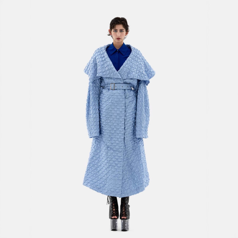 That's Chu Blue Bubble Large Lapel Long Coat Original Designer Fashion Trend