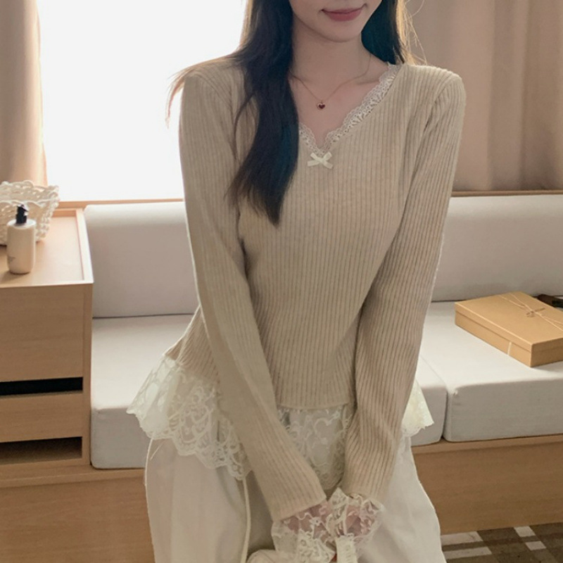 纯欲蝴蝶结蕾丝边V领长袖针织打底衫女秋冬甜美修身内搭毛衣上衣