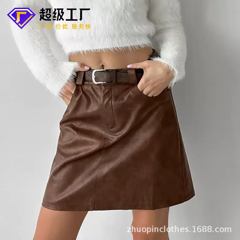 卓品服饰定制简约高腰直筒短裙跨境欧美辣妹风高级感PU皮革半身裙