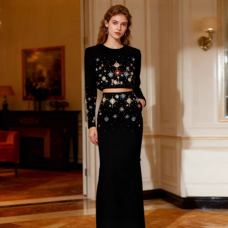 Long New Bandage Dress, Heavy-Duty Long Skirt with Rhinestones, Computer-Embroidered Beads, Slim-Fit Long-Sleeve Suit Dress, Evening Gown