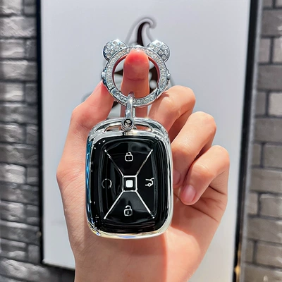 T1 new energy vehicle remote control – Car key bag - extreme-fox-model-asmart-4-button-single-shell-black-silver-astronaut-diamond-buckle-silver-number-plate