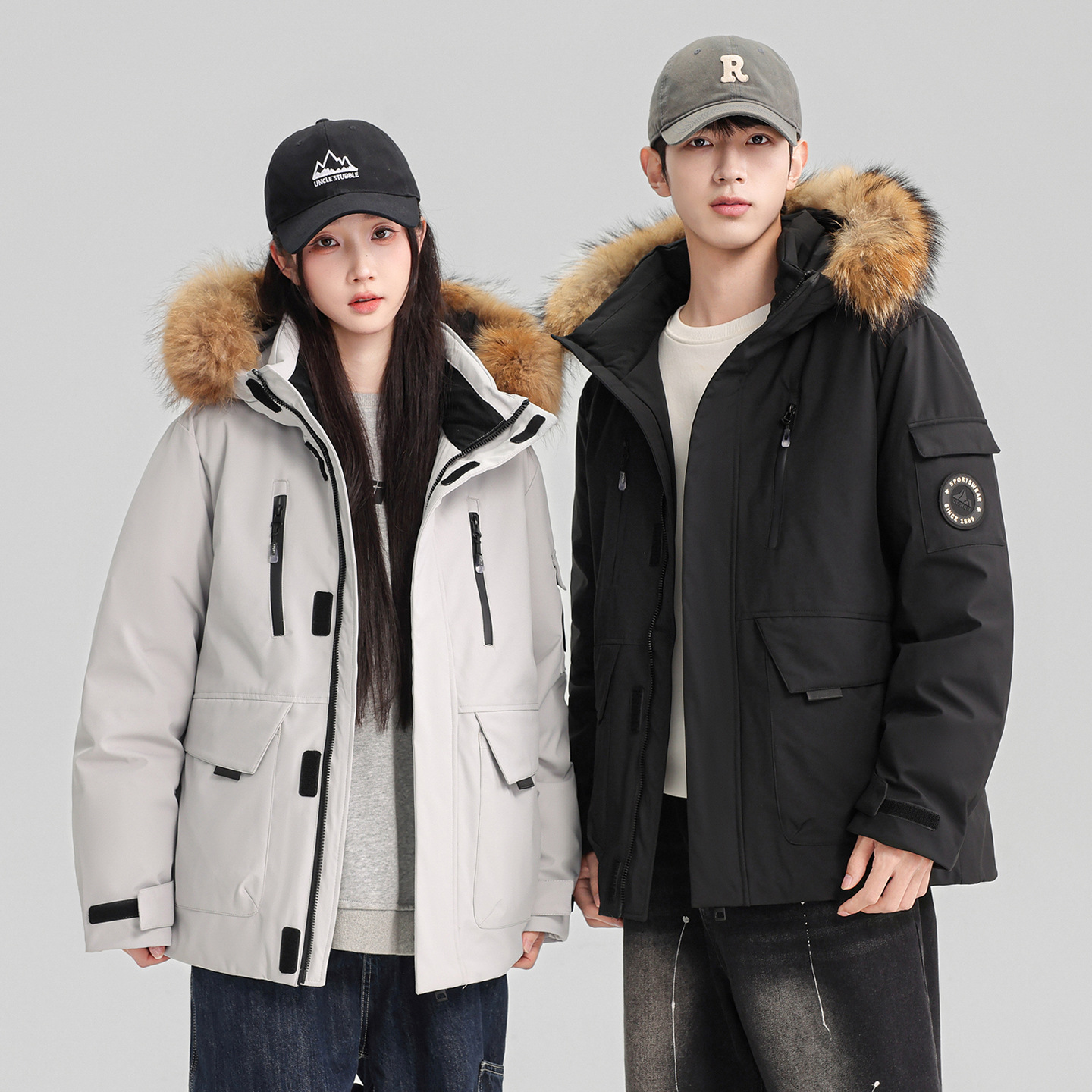 New Versatile Fashion Men's Graphene Hooded down Jacket with Thick Fur Collar, Warm Workwear Parka Coat Trendy