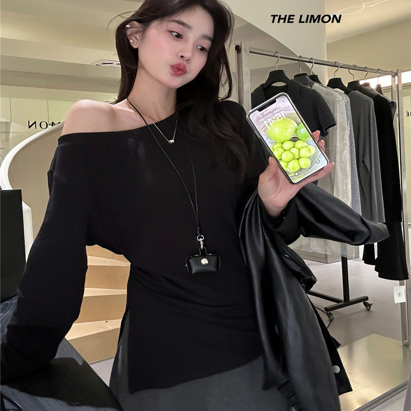 the limon柠檬绿茶2025秋季新款设计感斜肩长袖T恤女收腰显瘦上衣|undefined