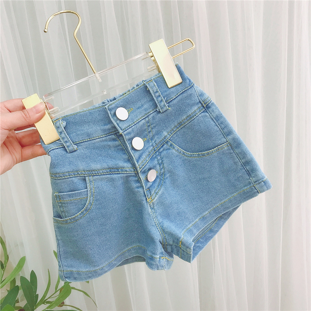 2021 Summer New Girls High Waist Three Button Elastic Denim Shorts Baby Simple Soft Casual Pants Cross Border