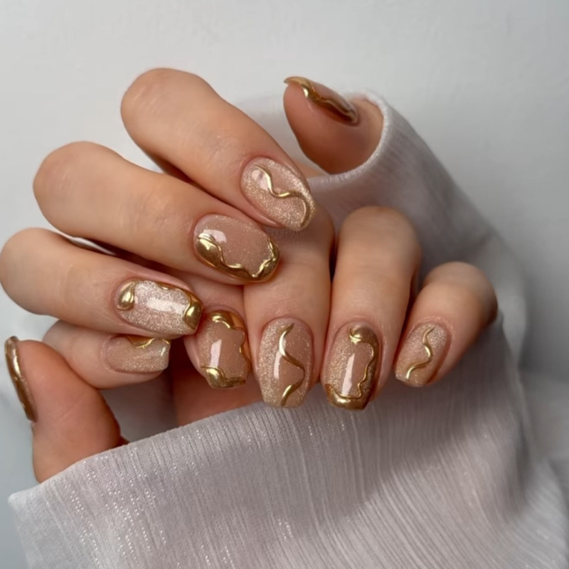 Nude Cat Eye Wearable and Manicure 3D Stereo Gold Nail Pieces Fake Nails Short Square Nail Pieces Finished Products Wholesale Nude Cat Eye Wearable and Manicure 3D Stereo Gold Nail Pieces Fake Nails Short Square Nail Pieces Finished Products Wholesale