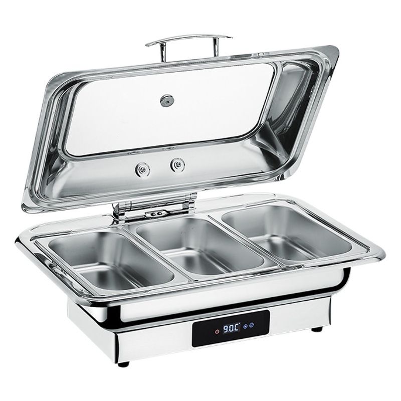 Estufas de buffet de acero inoxidable gruesas calentamiento eléctrico buffet estufa hidráulica cubierta de cubierta de hotel cuadrada desayuno olla aislante térmica