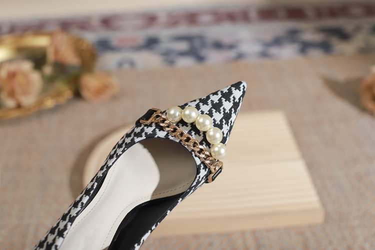 Xiao Xiangfeng High Heels Spring Pointed French Single Shoes Thousand Bird Plaid Temperament Celebrity Fine Heel Bridesmaid Shoes_voghion.com