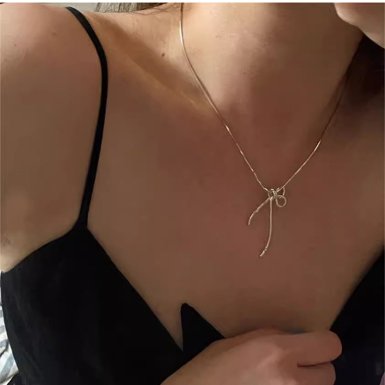 Silver Bow Knot Necklace Sterling Silver Pendant Chain British_voghion.com