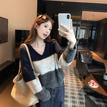 韩系亮片条纹V领针织衫女秋冬慵懒高级感软糯宽松毛衣巨好看上衣