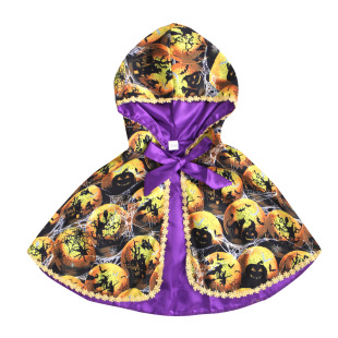 European and American Cross-border Halloween Costume Lace Stitching Bow Pumpkin Ghost Print Hooded Cape
