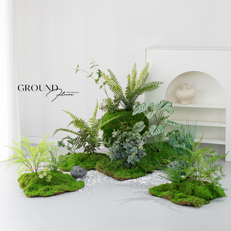 模擬苔と緑の植物造園、ハイエンドの軽い豪華なマイクロランドスケープ、屋内偽植物、床置きのバイオニック装飾アレンジメント盆栽|undefined