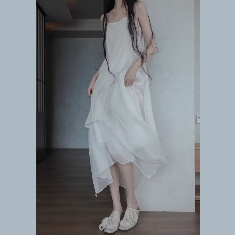 Long Irregular Double Layer Elegant dress 2025 Summer New Solid Color Fairy Style Simple Loose dress