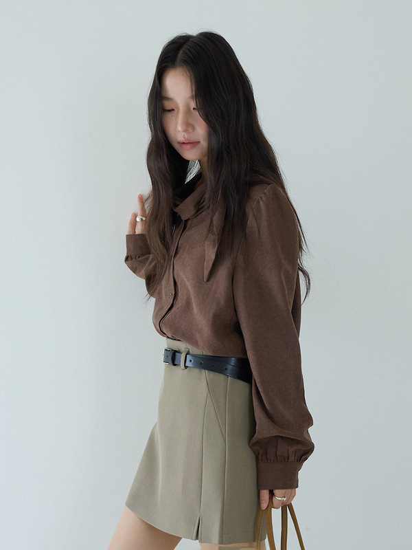 【率性出街】欧凡麂皮绒围巾领长袖咖啡衬衫女25年秋显瘦上衣3194|undefined