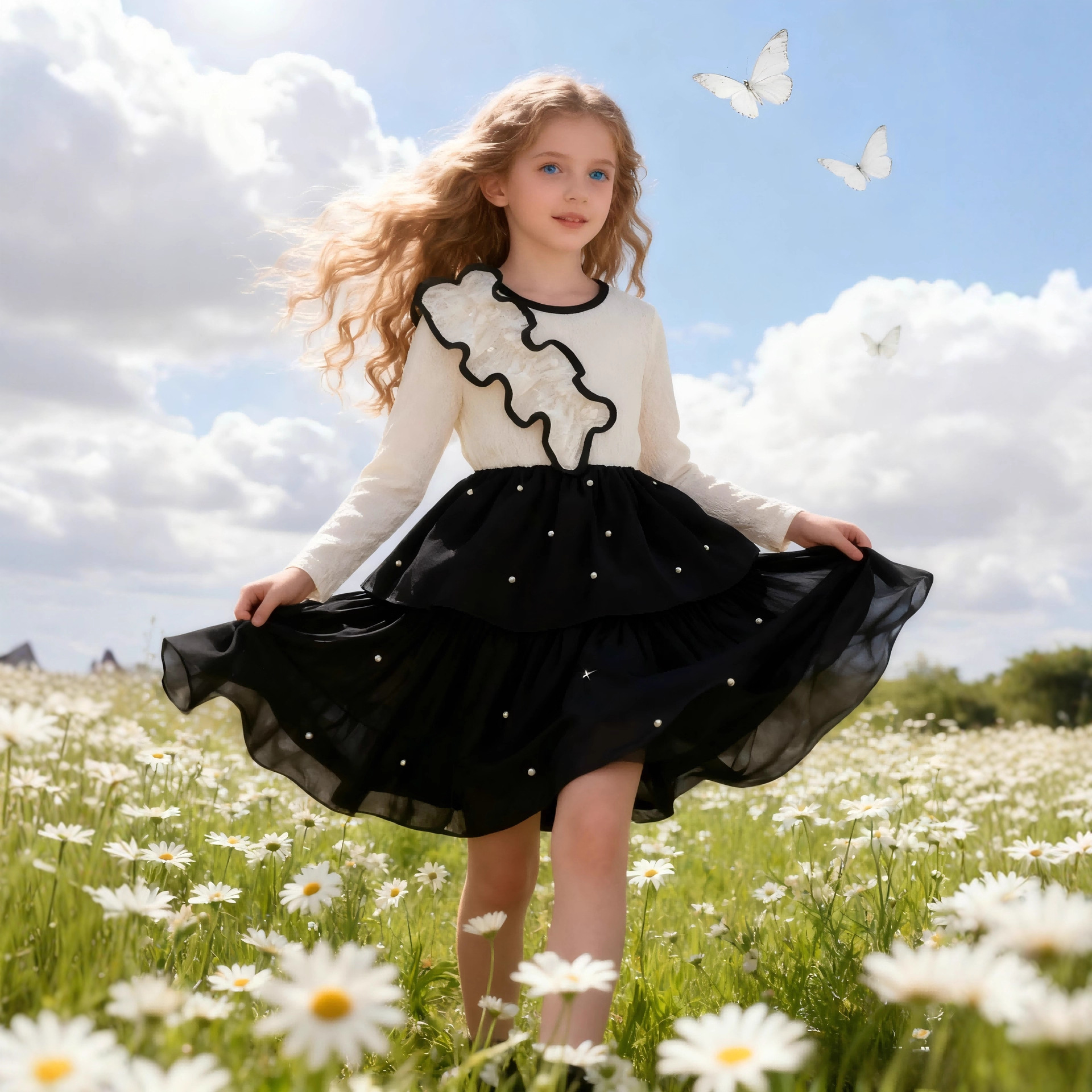 女童圆领长袖大荷叶边钉珍珠生日礼服连衣裙春秋款适用于日常穿搭