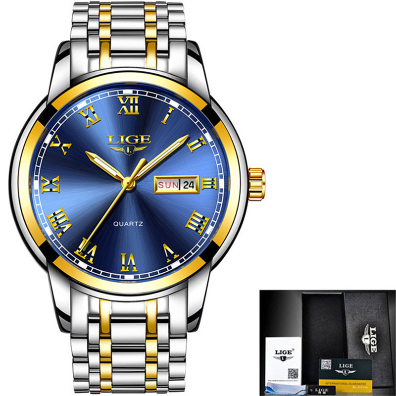 LIGE 9846-Semana banda de acero disco reloj de negocios elegante personalidad calendario hombres reloj casual transfronterizo