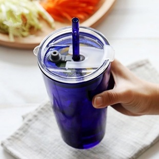 Blue Shaker Cup, Blue Sun Water Cup, Zero-Clean Cup, Heat-Resistant and High-Temperature Resistant, with Straw and Heat-Insulating Sleeve