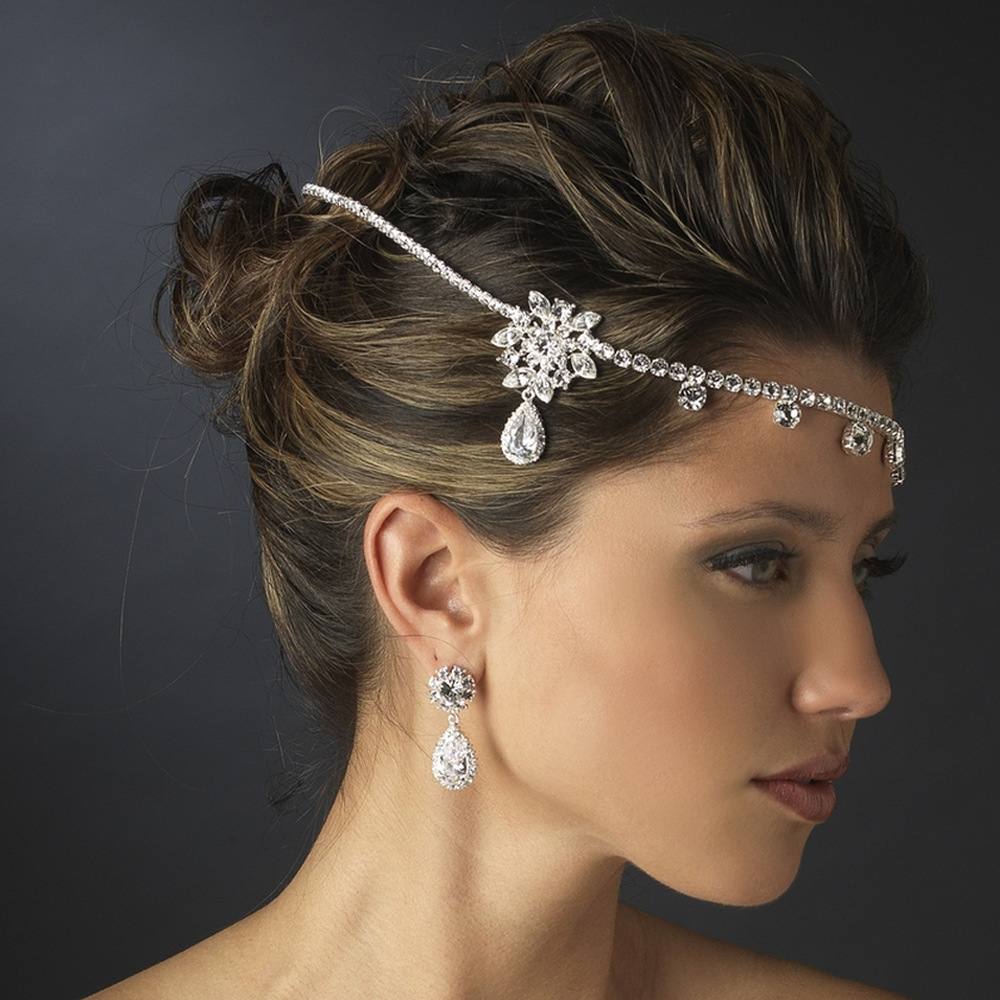 European and American Style Fashion Diamond-Encrusted Water Drop Pendant Flower-Shaped Headband Simple Bridal Elegant Full Diamond Headpiece Dress Accessory