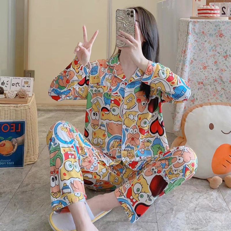 メーカー卸売春と秋の女性用パジャマ漫画ホーム服女の子長袖ズボンラペル在庫ありかわいいダブルロング|undefined