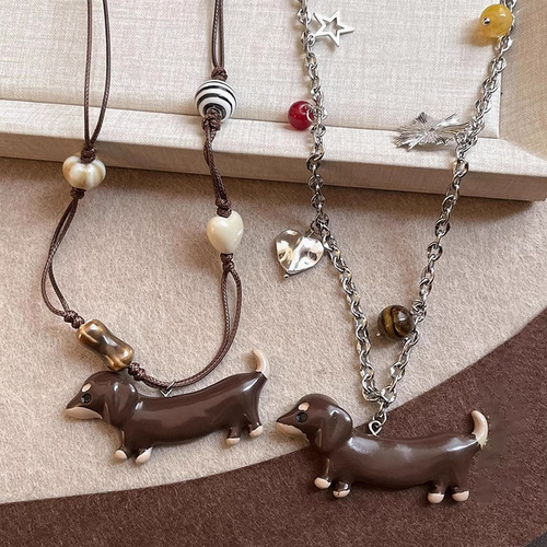Cute Cartoon Ceramic Stone Plastic Dachshund Necklace for Women Autumn and Winter Cute Retro Sweater Chain Long Sweater Chain Accessories