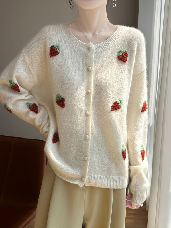 Herbalife Mulberry Silk Cashmere 25 Years Autumn and Winter New Sweet Style Women's Round Neck Knitted Cardigan Long Sleeve Strawberry Top
