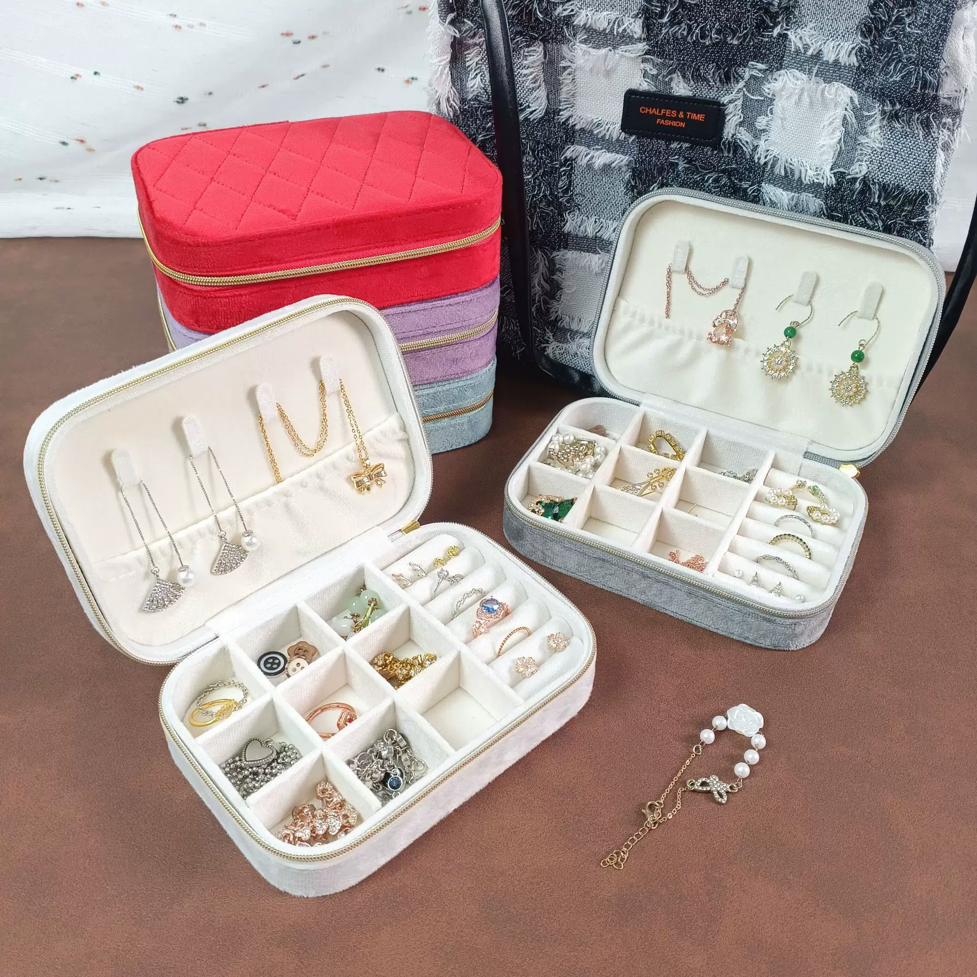 拉链绒布首饰盒法式复古珍珠收纳盒多功能戒指项链耳钉防尘饰品盒