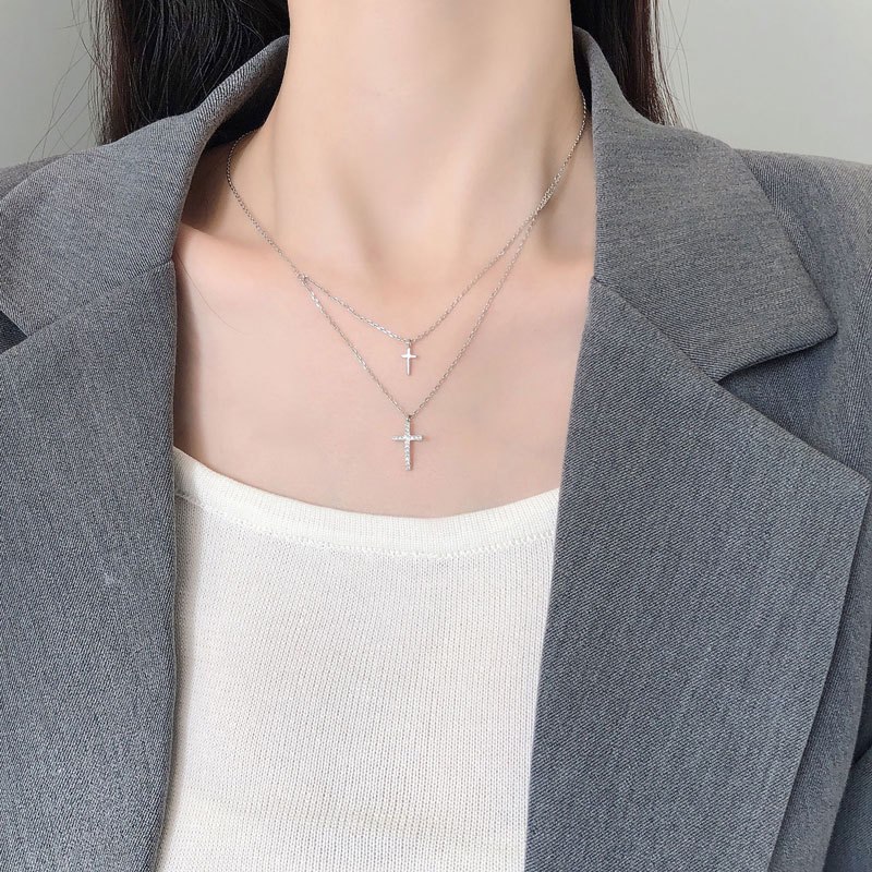 Elegant Cross Sterling Silver Plating Zircon Layered Necklaces