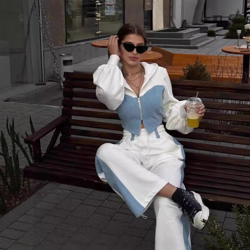 Cross-border European and American style fashion casual sweater suit 2025 Denim stitching hooded top high waist trousers women