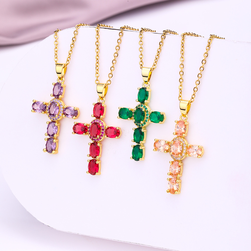 Women'S Gender Fashion Cross Copper 18k Gold Plated Zircon Pendant Necklace In Bulk