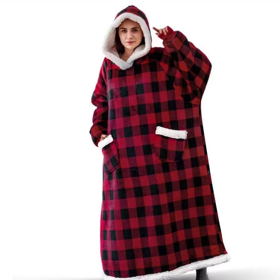 Men's Christmas pajamas nightgown women's nightgown flannel extended vertical pocket t lazy blanket cover thick cold protection warm_voghion.com
