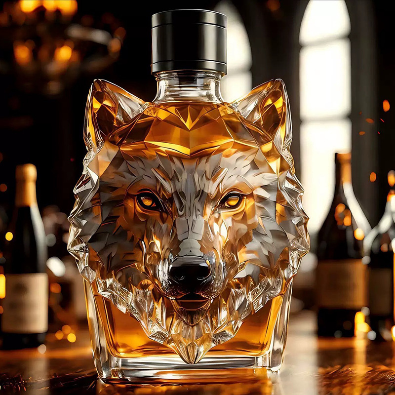 狼の頭の冠の上のウイスキーの瓶のウルフのクレステッドのWhiskey動物の酒の瓶の狼の頭のウイスキーの瓶|undefined