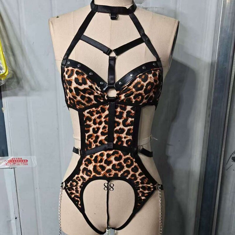 Bingliu Guo Sexy Lingerie Sexy Leopard Print Temptation One-Piece with Wild Cat Ears Headband
