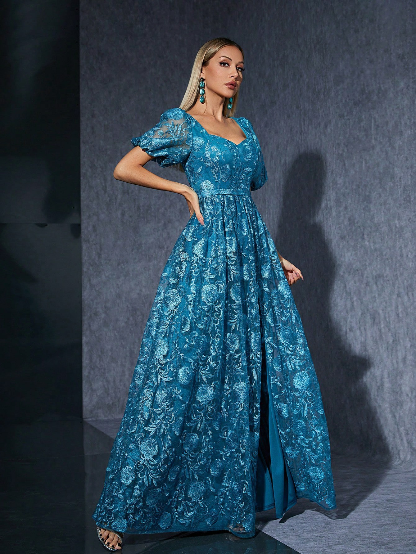 Amazon comercio exterior azul burbuja manga dulce vestido de fiesta de cumpleaños foto vestido de diseño bifurcado image 6