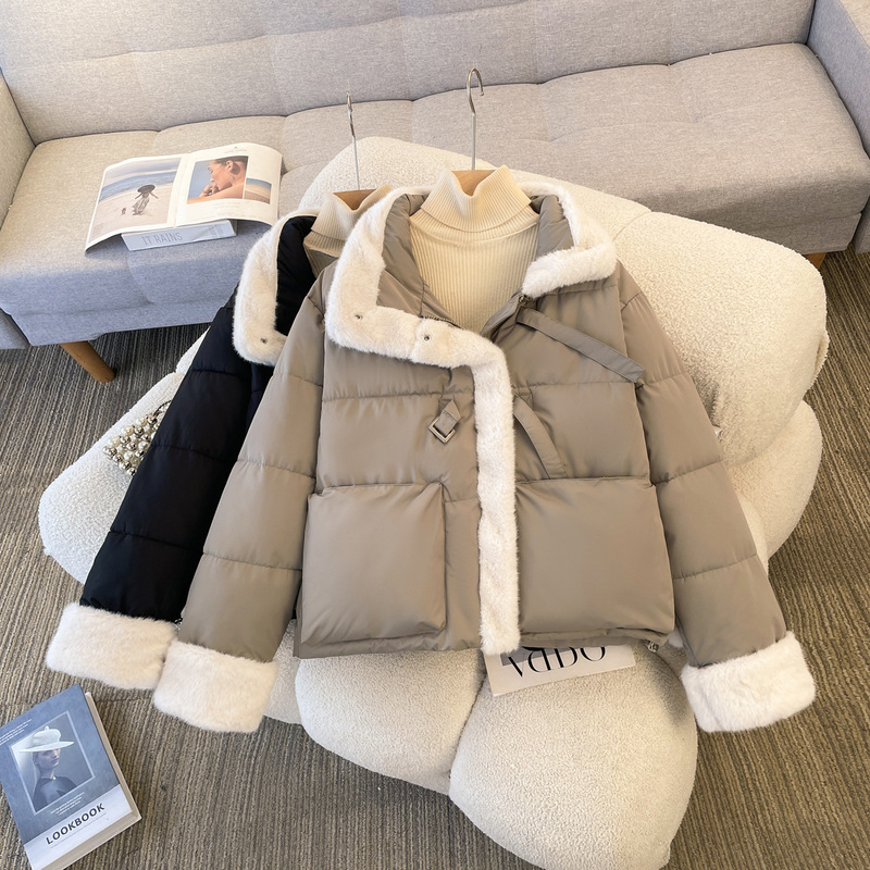 毛领拼接宽松韩系棉衣外套2025冬季新款女短款羽绒棉服棉袄外套|undefined