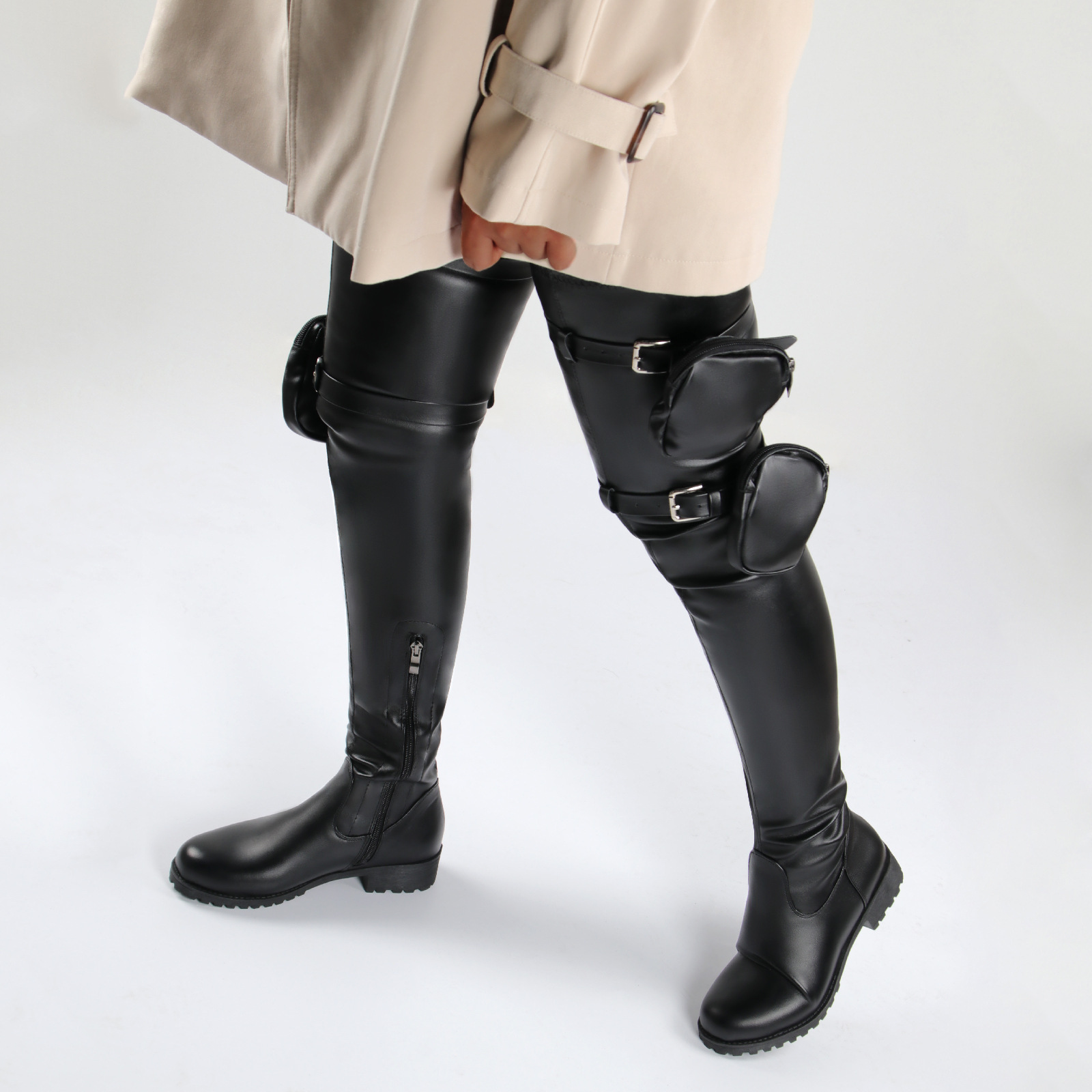 Damen Overknee Stiefel Mit Niedrigem Blockabsatz Und Mini Tasche_voghion.com