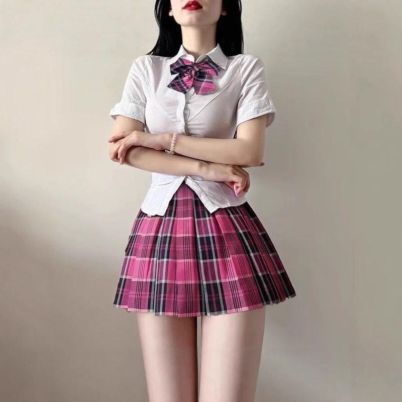College Style Korean Jk School Uniform Suit White Shirt Waist Slimming Look Plaid Pleated Skirt Half Skirt Suit College Style Korean Jk School Uniform Suit White Shirt Waist Slimming Look Plaid Pleated Skirt Half Skirt Suit