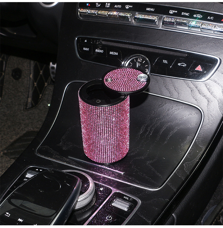 Car Ashtray with Diamonds, New Creative Metal Aluminum Alloy Flame-Retardant Ashtray with Lid, Multifunctional Car Cigarette Holder