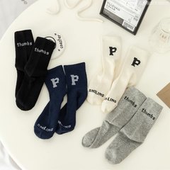 P字母秋冬款新品兒童襪子 ins韓版純色字母男女童學生運動中筒襪