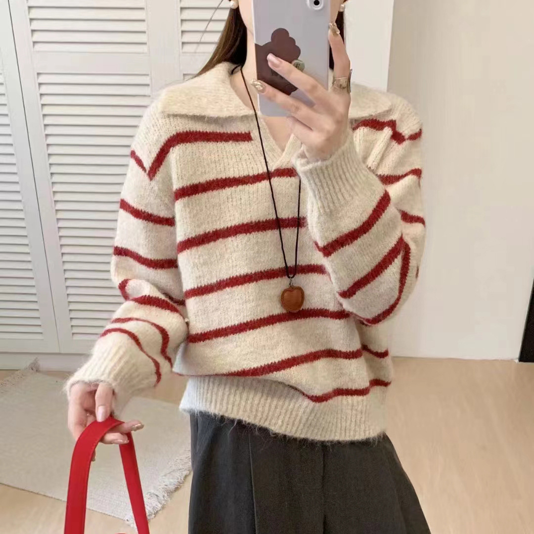 Suéter coreano con solapa para mujeres otoño y invierno nuevo estilo simple con rayas de contraste de color perezosas versátiles sueltas camisetas de punto transfronterizas image 10